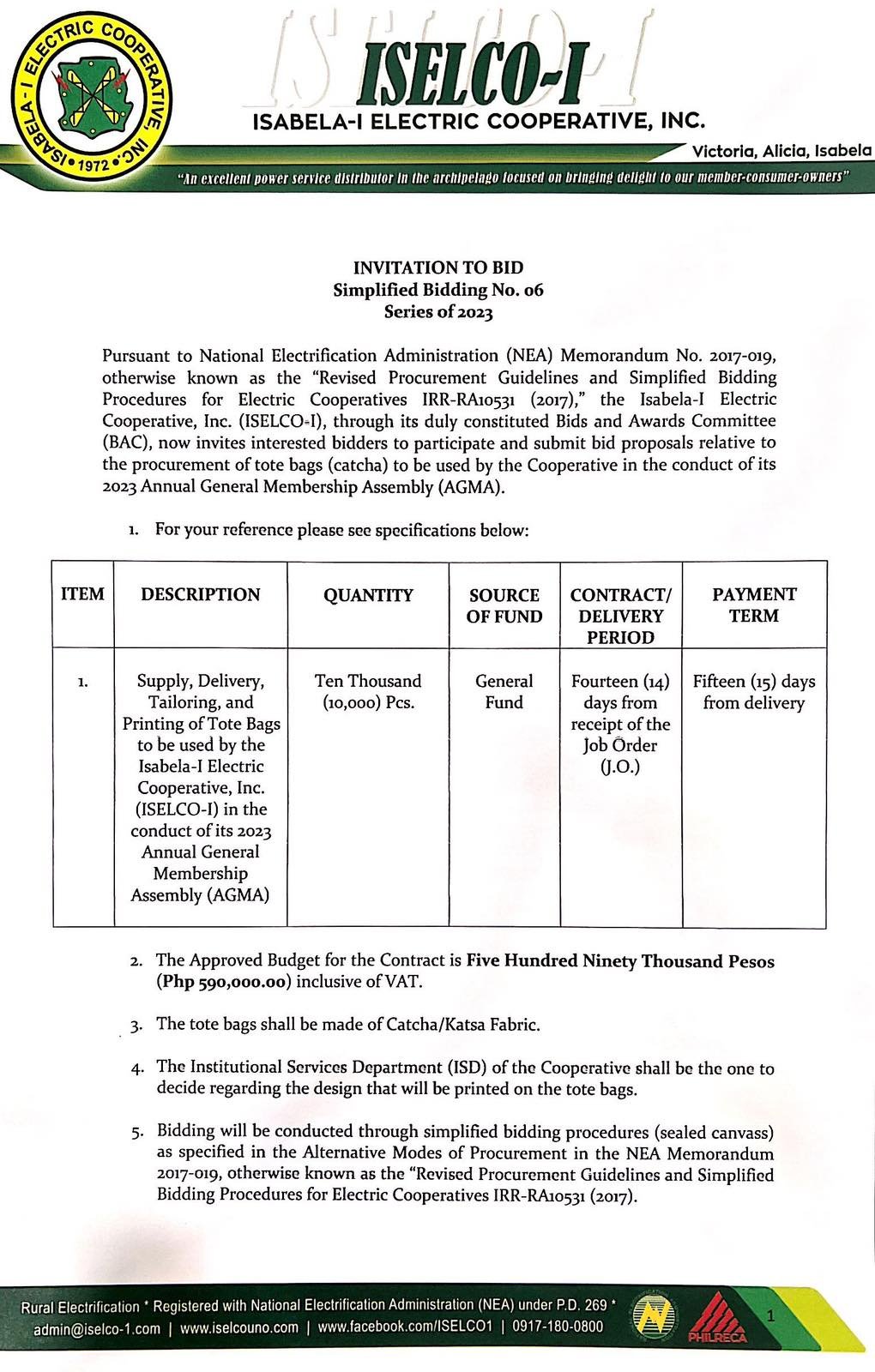 Simplified Bidding No. 06 Series of 2023 - Procurement of tote bags (catcha) to be used by the Cooperative in the conduct of its 2023 Annual General Membership Assembly (AGMA)